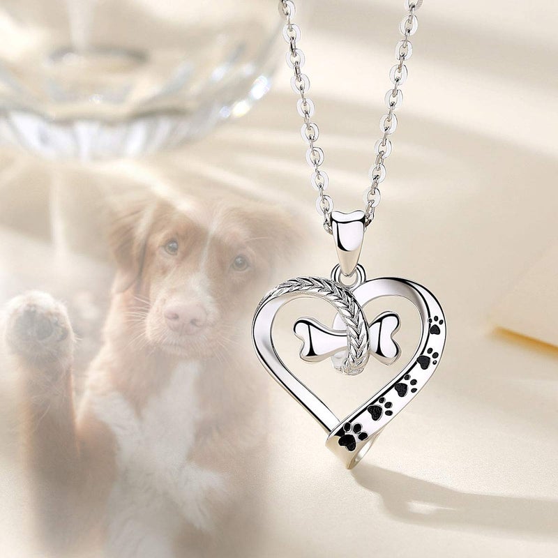 EUDORA 925 Sterling Silver Necklace Cute Dog Paws with Bone, Heart Shape Pendant 18", Gift for Dog Owner - Image 2